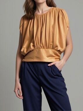 Maeve Women Large Gold Metallic Blouse Stylish Shimmer